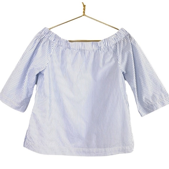MADEWELL Clean Off-the-Shoulder Blouse Top in Stripe in White / Blue Style G2082 - Picture 3 of 8